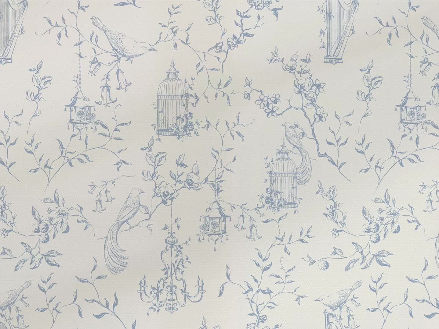 This may contain: a blue and white wallpaper with birdcages