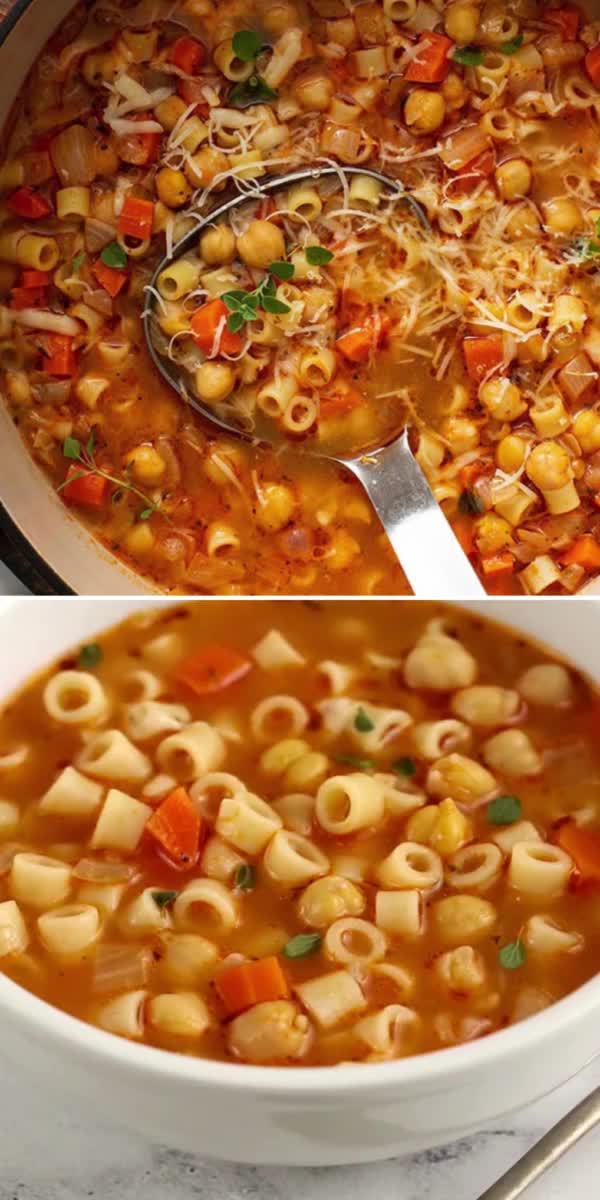 This contains: Warm up with a bowl of comfort with this Pasta e Ceci Recipe! Hearty, flavorful, and made with pantry ingredients in one pot, it’s the perfect vegetarian soup in just 30 minutes. One of the best easy soup ideas for a cozy dinner!