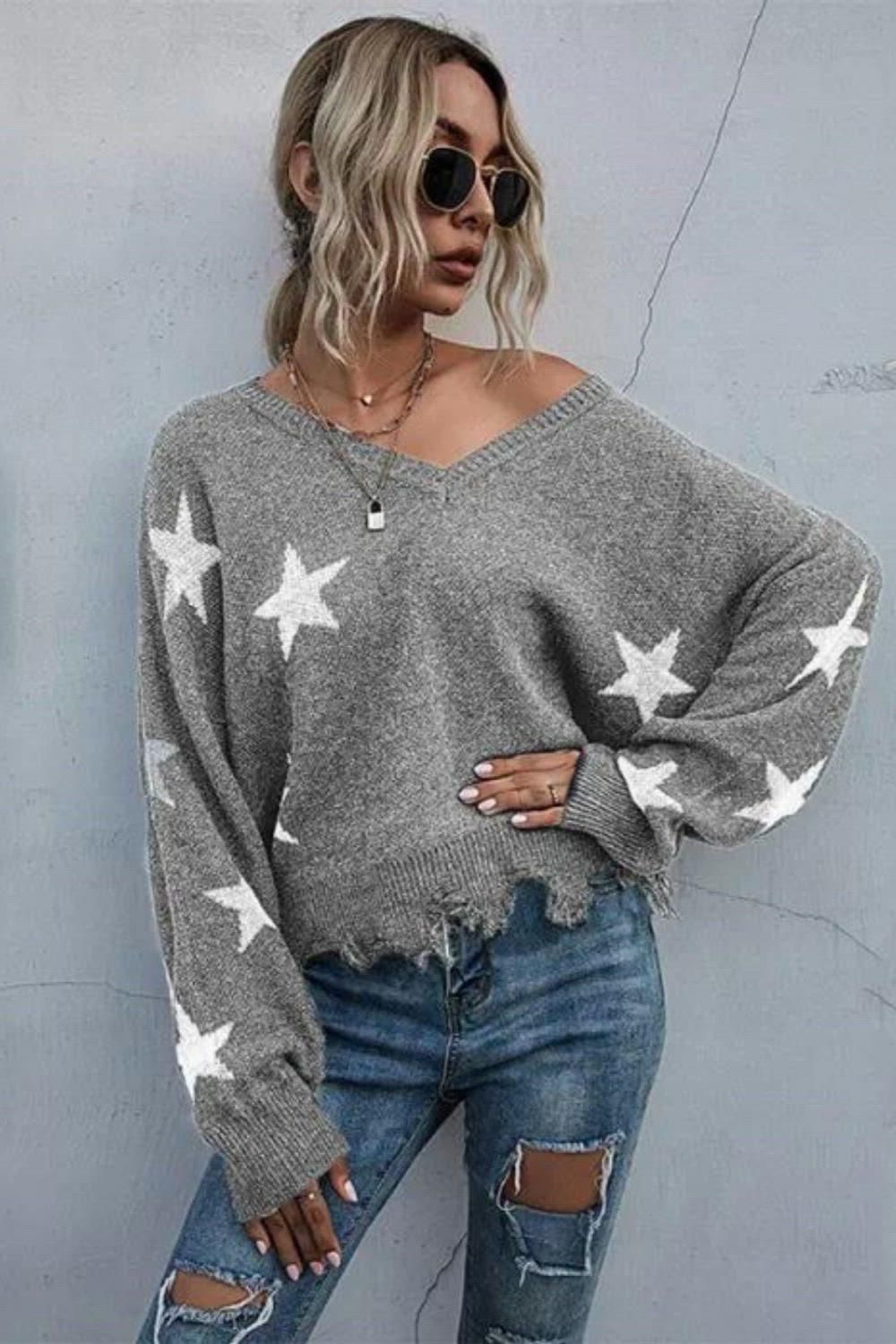 This contains an image of: Women's Star Pattern V Neck Knitted Sweater