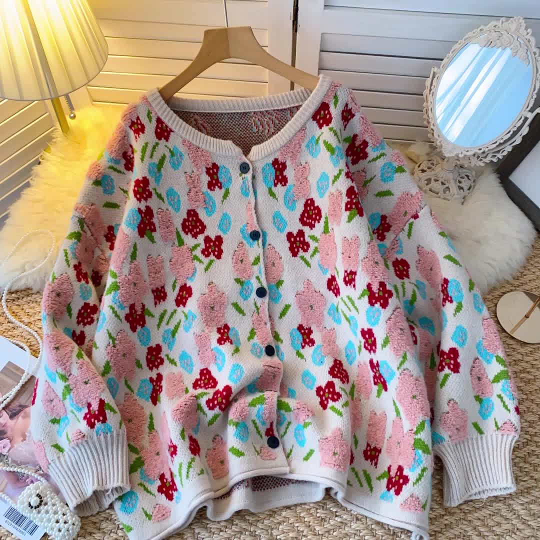 This contains an image of: Retro sweater coat new round neck three-dimensional flower knitted cardigan YM1583