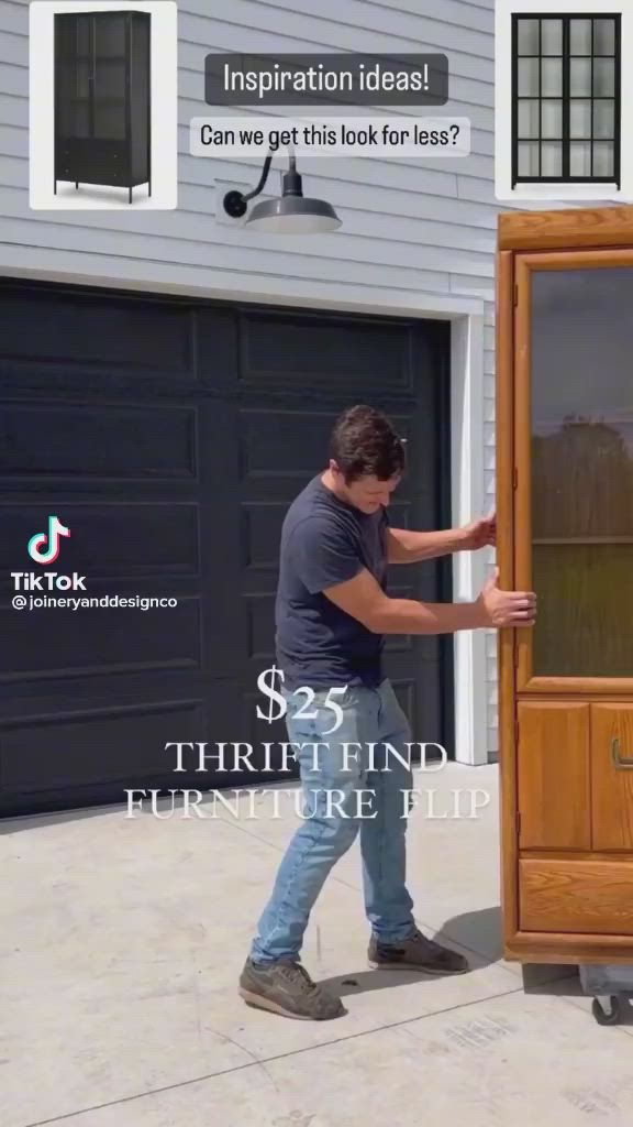 This may contain: a man is opening the front door of a house with an advertisement for furniture flips