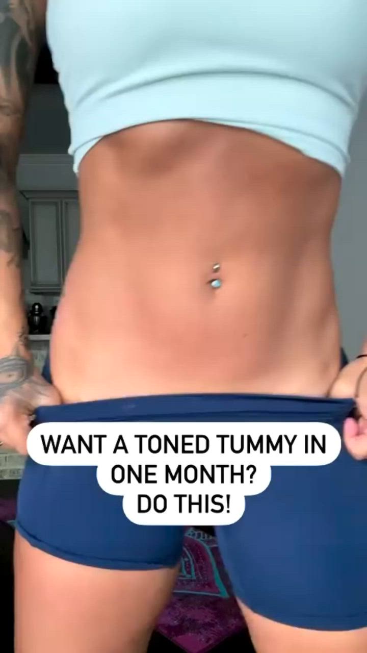 This may contain: a woman is showing off her stomach with the words want a toned tummy in one month? do this