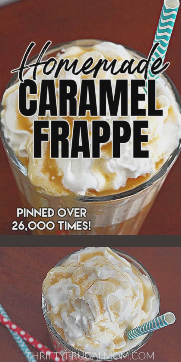 This may contain: homemade caramel frappe in a glass with whipped cream on top and the words homemade caramel frappe above it