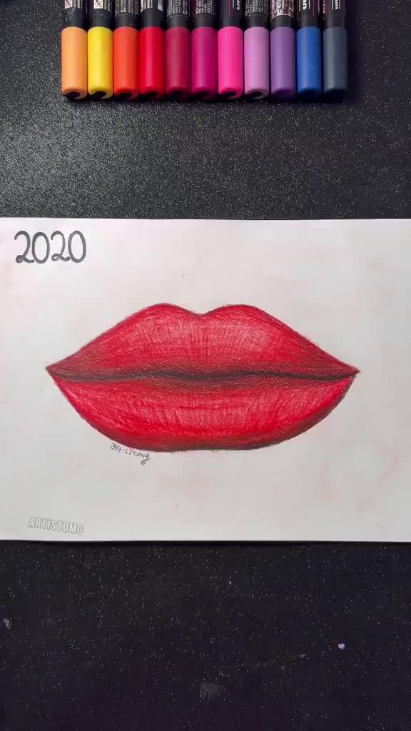 This may contain: a pencil drawing of a red lip with the number 20 on it's side