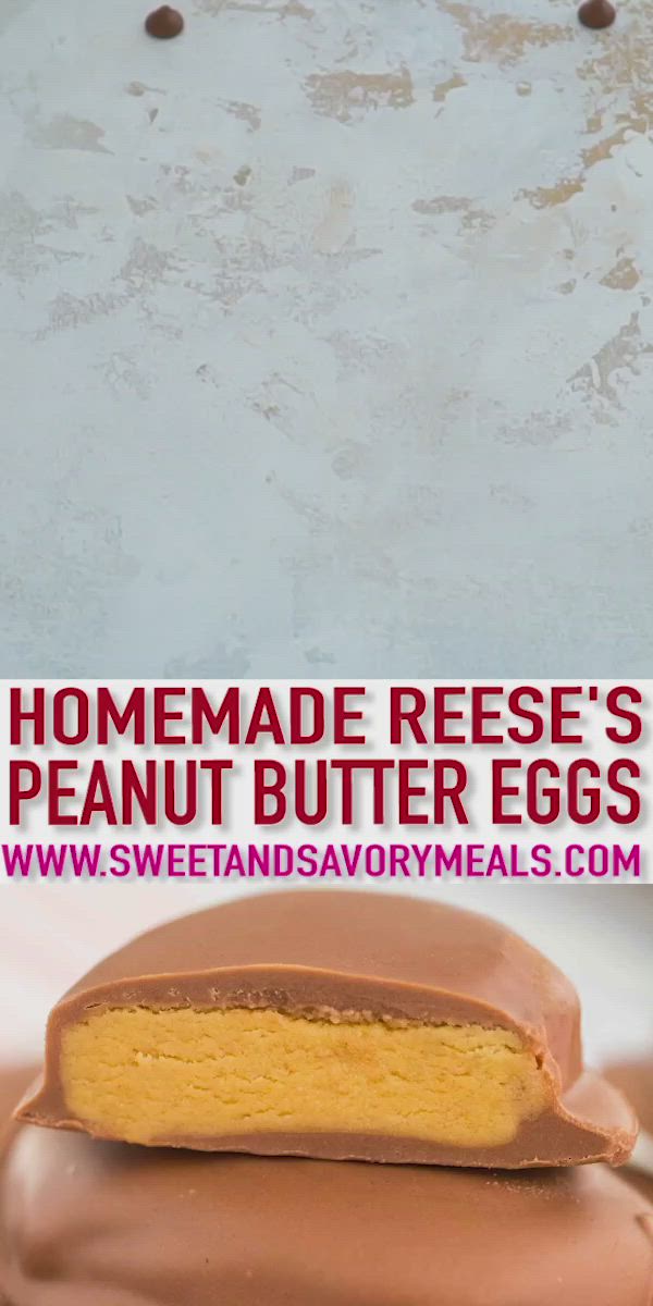 This may contain: homemade reese's peanut butter eggs are stacked on top of each other and ready to be eaten