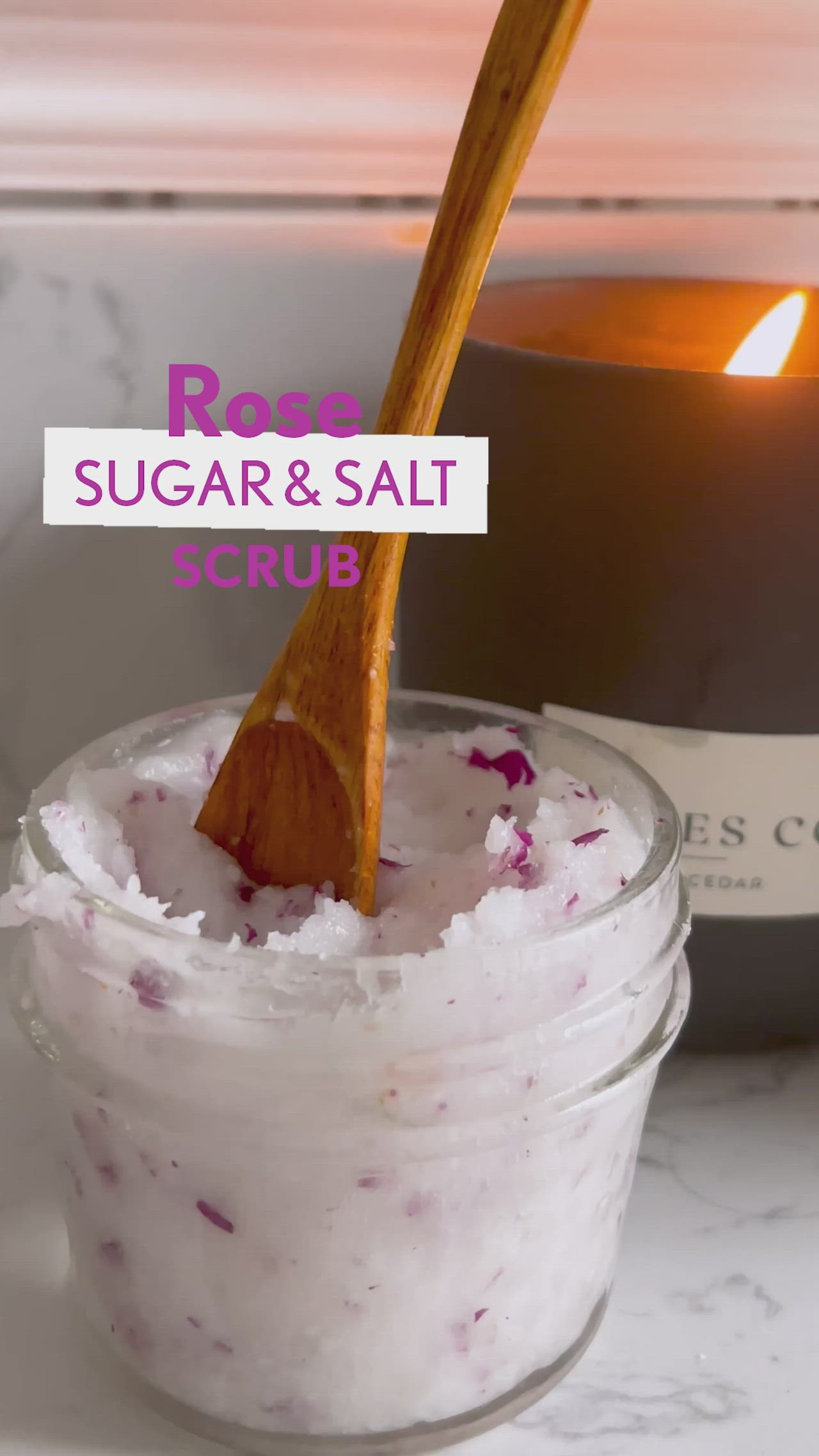 Difficulty: Easy     Try this DIY sugar and salt body scrub, made with ingredients you might already have in your pantry. Here's what you need to make it:      • 1 cup coconut oil  • 1/2 cup salt  • 1/2 cup sugar  • 35 drops of rose essential oil  • 2 tbsp rose petals