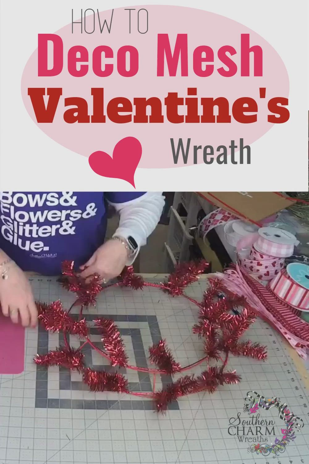 This may contain: how to deco mesh valentine's wreath