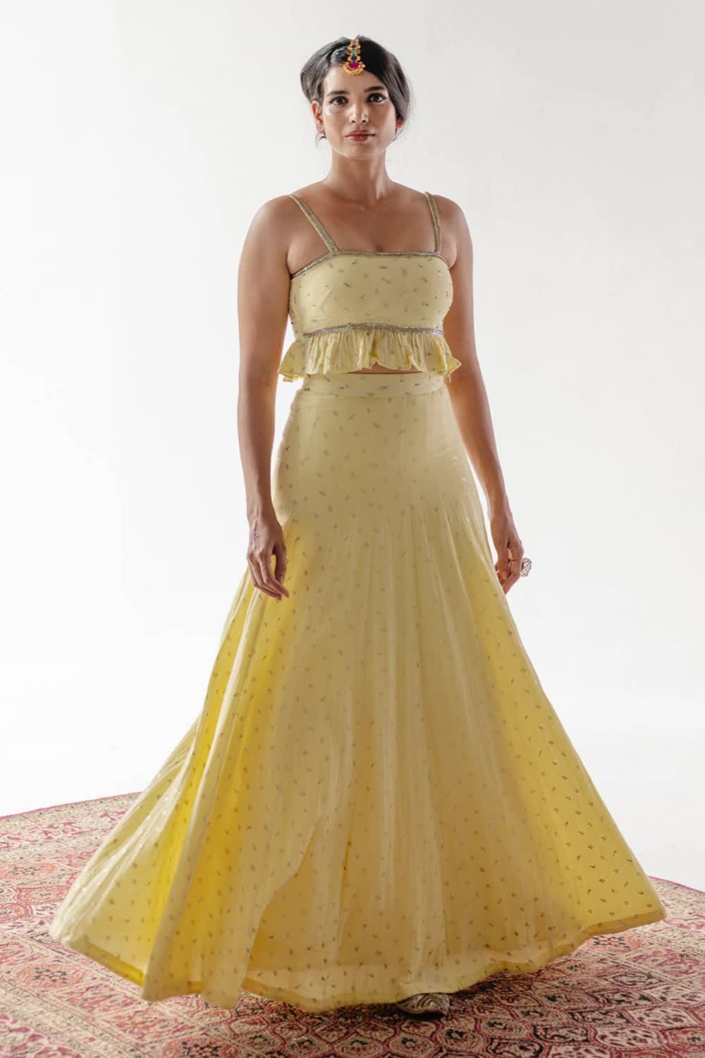 This contains: Yellow Silk Organza Lehenga Set | Festive Wear | Yellow Lehenga