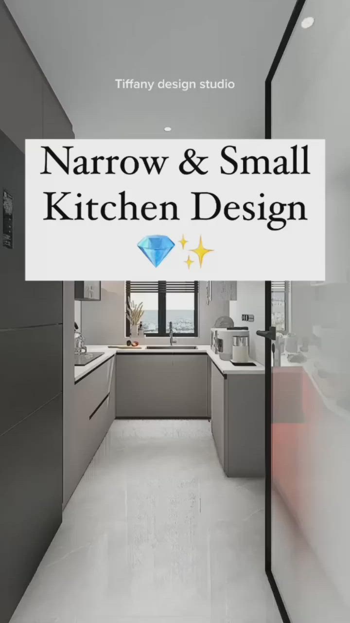 This may contain: the narrow and small kitchen design is featured in this ad for an interior decor company