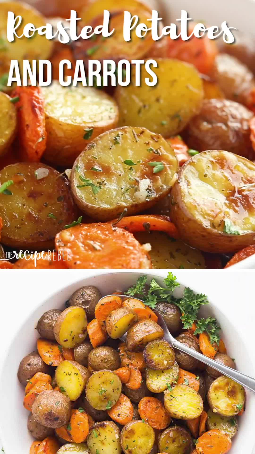 This may contain: roasted potatoes and carrots in a white bowl