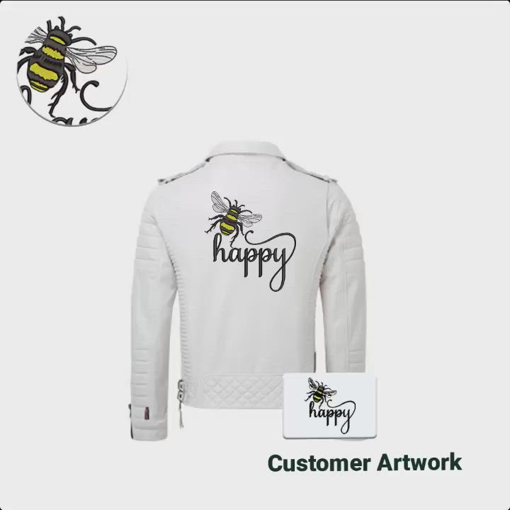 This may contain: a white jacket with the words happy written on it and a bee in black ink