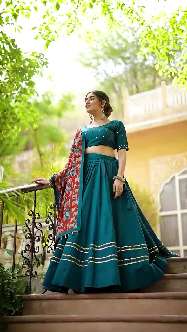 Peacock plumes blue gota patti & mirror work lehenga choli with pure cotton dupatta with lace border details. 🦋✨ SHOP NOW 🛍️ gotifab.com [lehengacholi, garba outfits, navratri lehengas, navratri collection,navratri chaniya choli,navratri collection ] #lehengacholi #navratrilehenga #navratricollection #navratri #navratrichaniyacholi #garbaoutfit