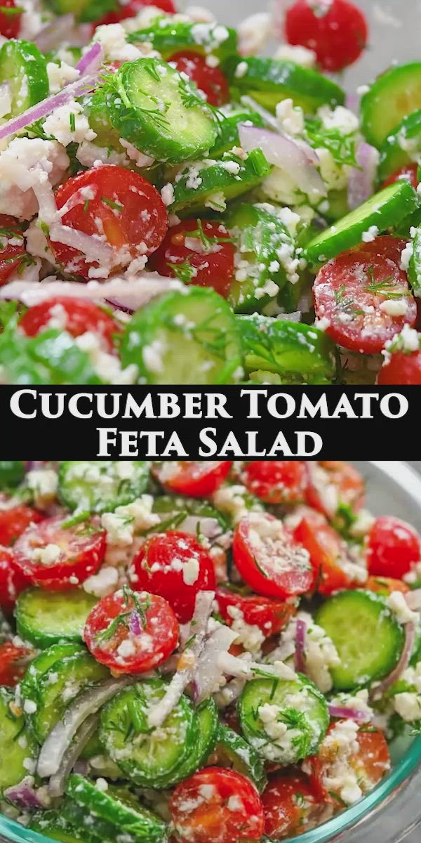 This may contain: cucumber tomato feta salad in a glass bowl with the title above it