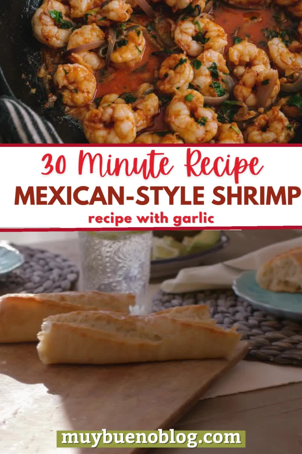 This may contain: mexican style shrimp recipe with garlic in a skillet and text overlay that reads 30 minute recipe mexican - style shrimp