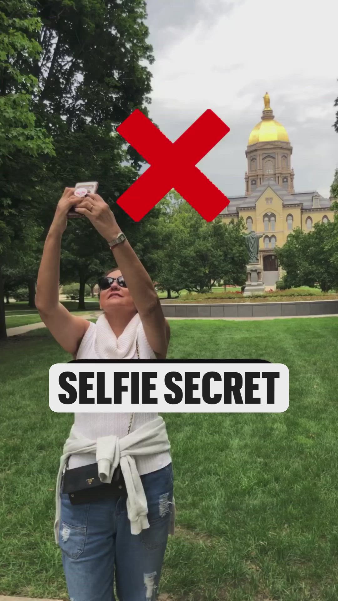 This may contain: a woman standing in front of a building with the words selfie secrets