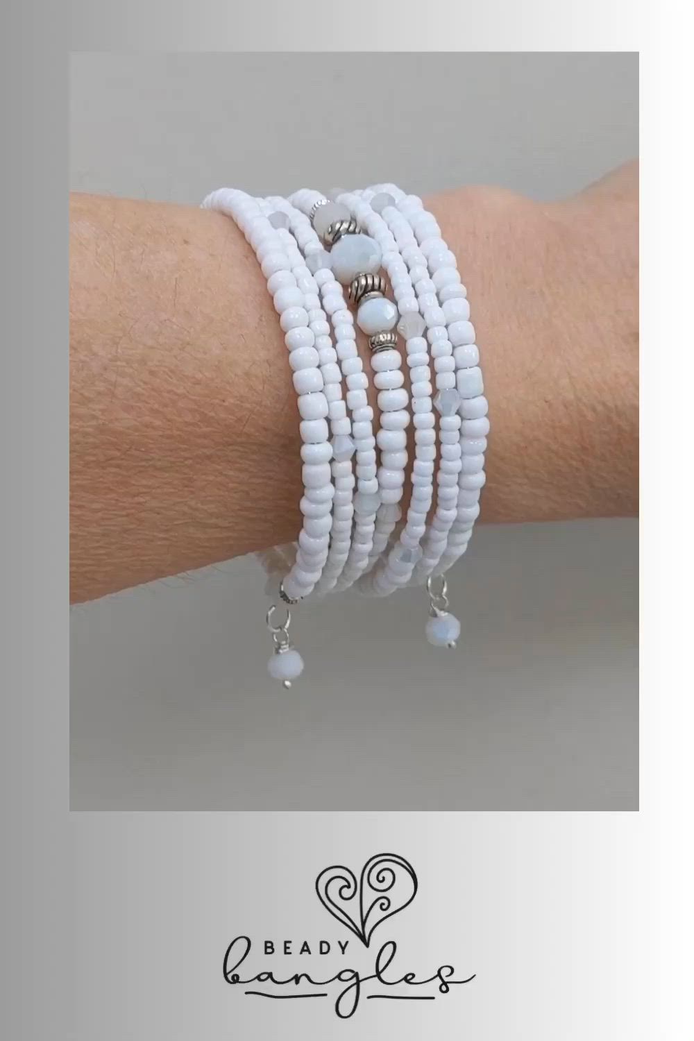 This contains an image of: Memory Wire  Seed Bead Bracelet in White and Silver/ Bridal Bracelet