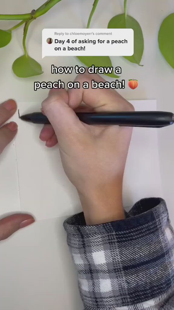 This may contain: someone is writing on a piece of paper with a pen in their hand and the caption reads, how to draw a peach on a beach