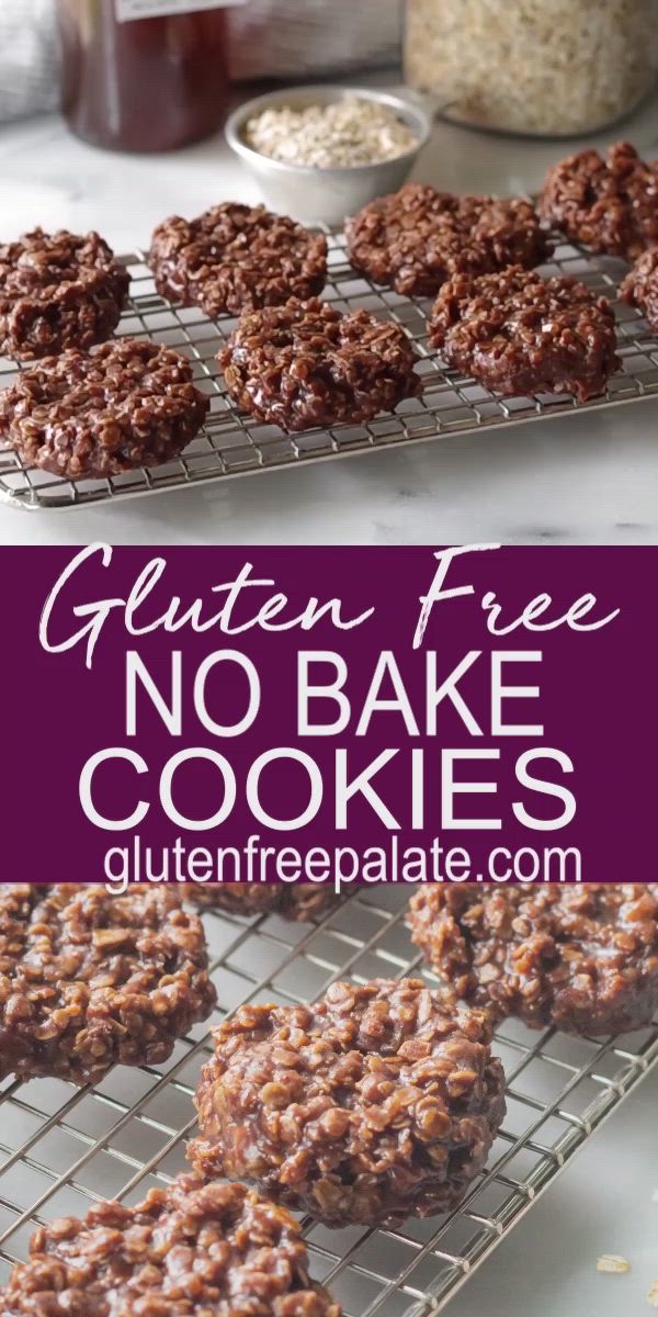 This may contain: gluten free no bake cookies on a cooling rack with oats in the background