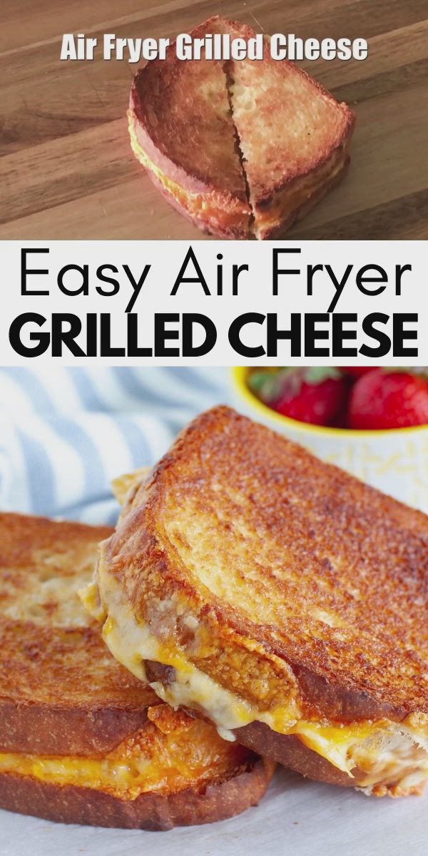 This may contain: grilled cheese sandwich cut in half with text overlay that says easy air fryer grilled cheese