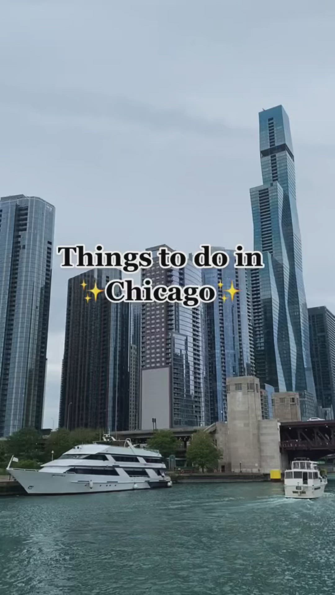 This may contain: the chicago skyline with text overlaying things to do in chicago