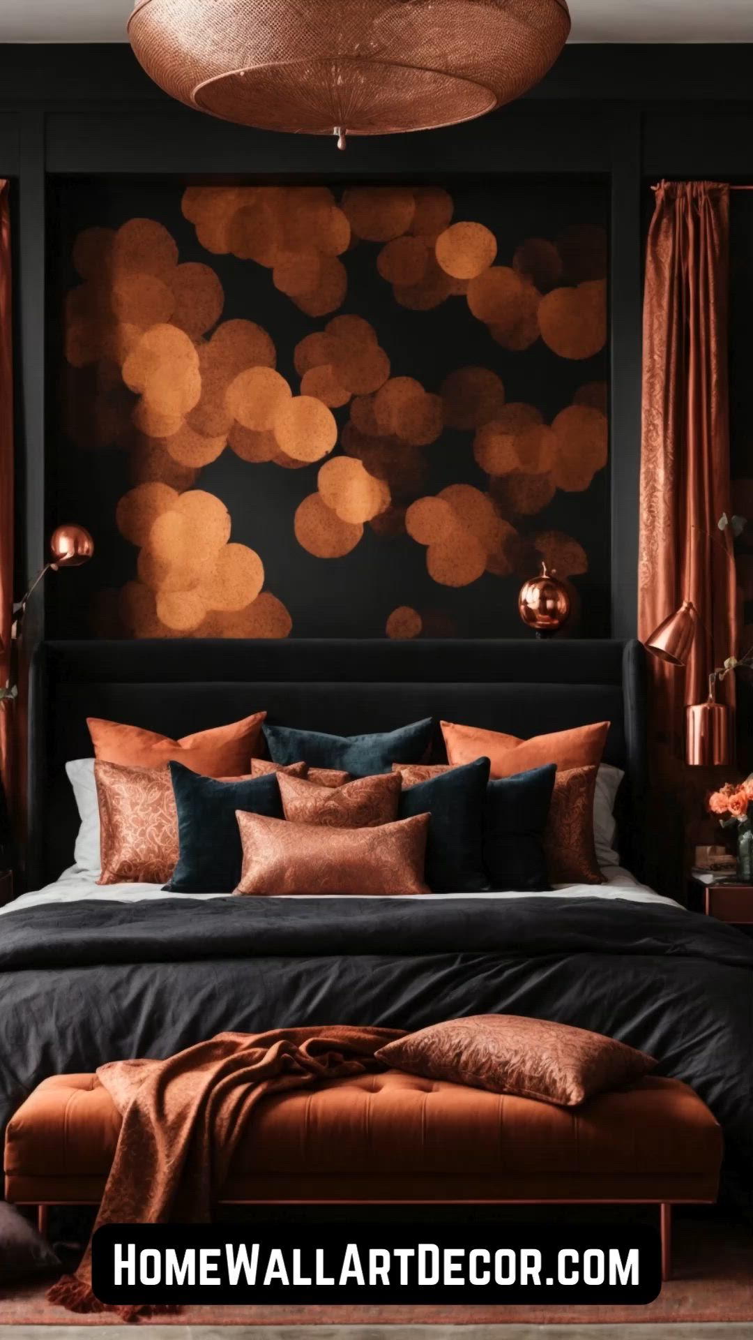 This may contain: a bedroom with black walls and brown bedding