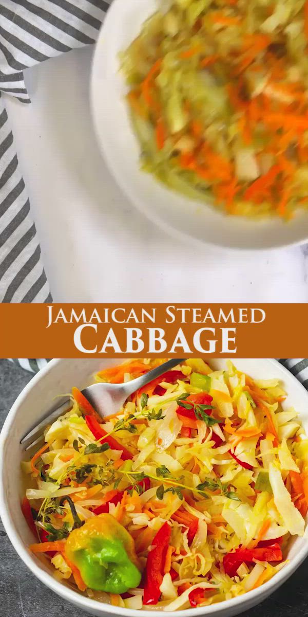 This may contain: an image of jamaican steamed cabbage in a skillet with the title above it and below