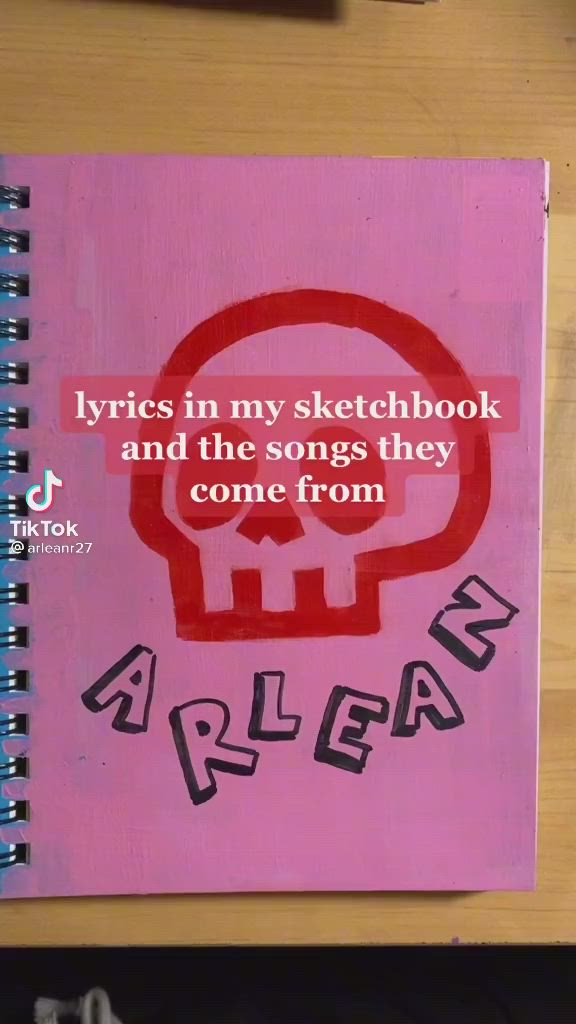 This may contain: a pink notebook with an image of a skull and the words,'i wrote in my sketchbook and the songs they come from '