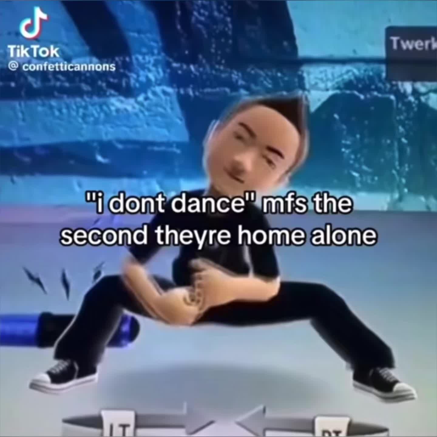 This may contain: a cartoon character sitting on top of a table with the caption, i don't dance mfss the second they home alone