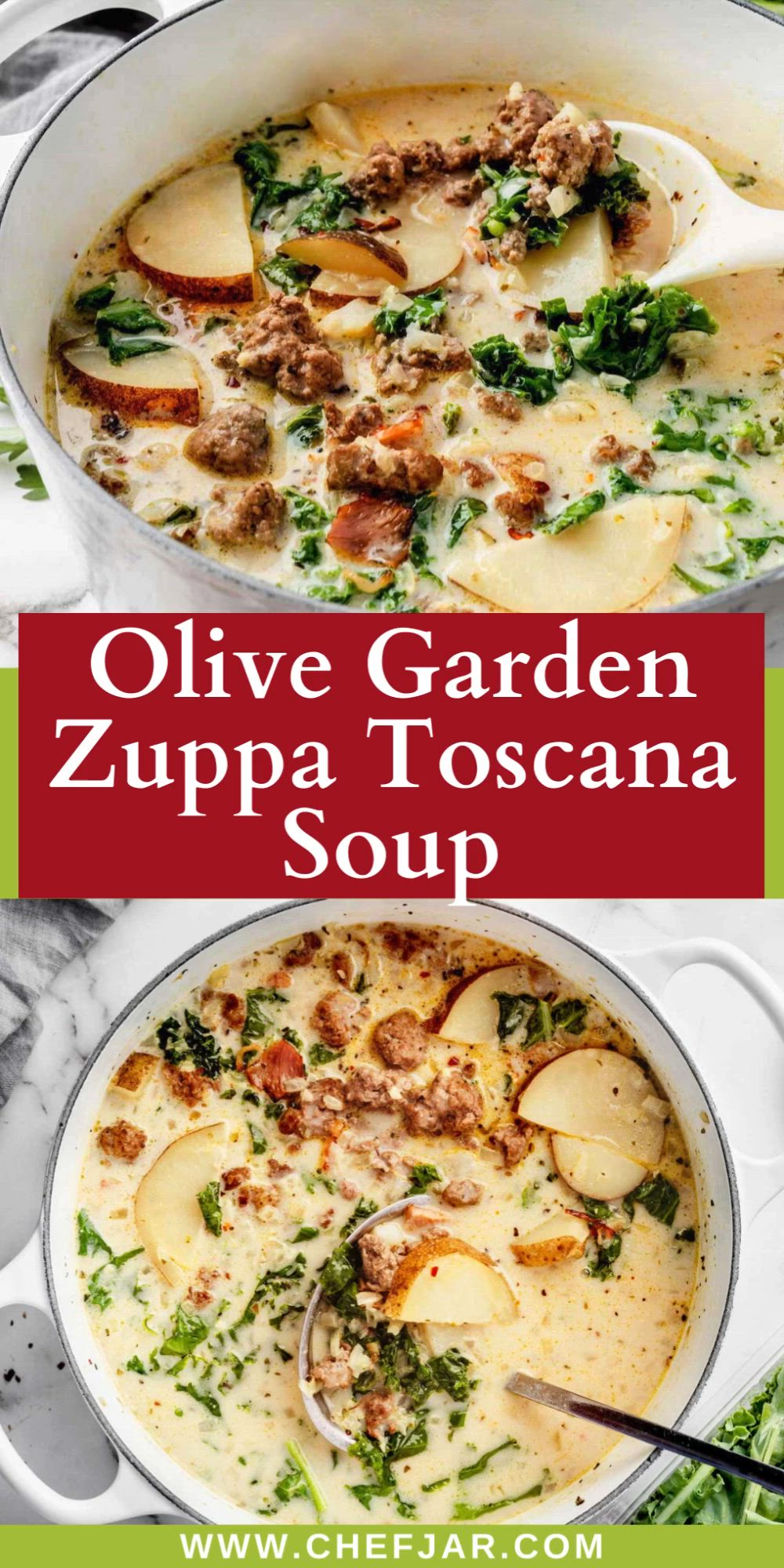 This contains: Indulge in Olive Garden's Zuppa Toscana Soup, a heartwarming blend of spicy Italian sausage, crisp kale, and creamy potatoes in a savory broth. This copycat recipe brings the classic comfort of Olive Garden right to your kitchen!