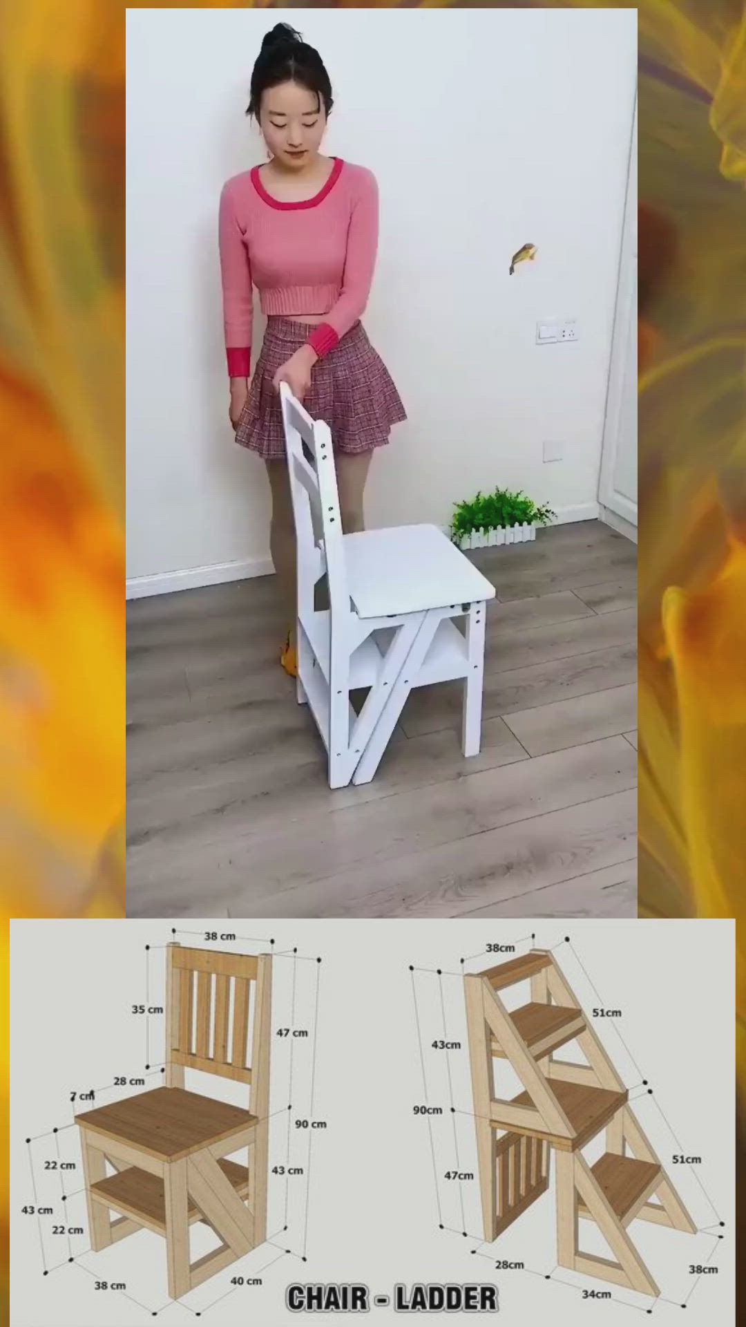 This may contain: a girl standing next to a step stool with instructions on how to build it and where to put the seat