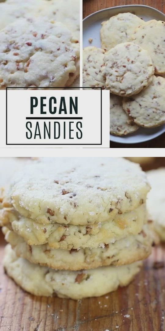 This may contain: pecan sandies are stacked on top of each other and ready to be eaten