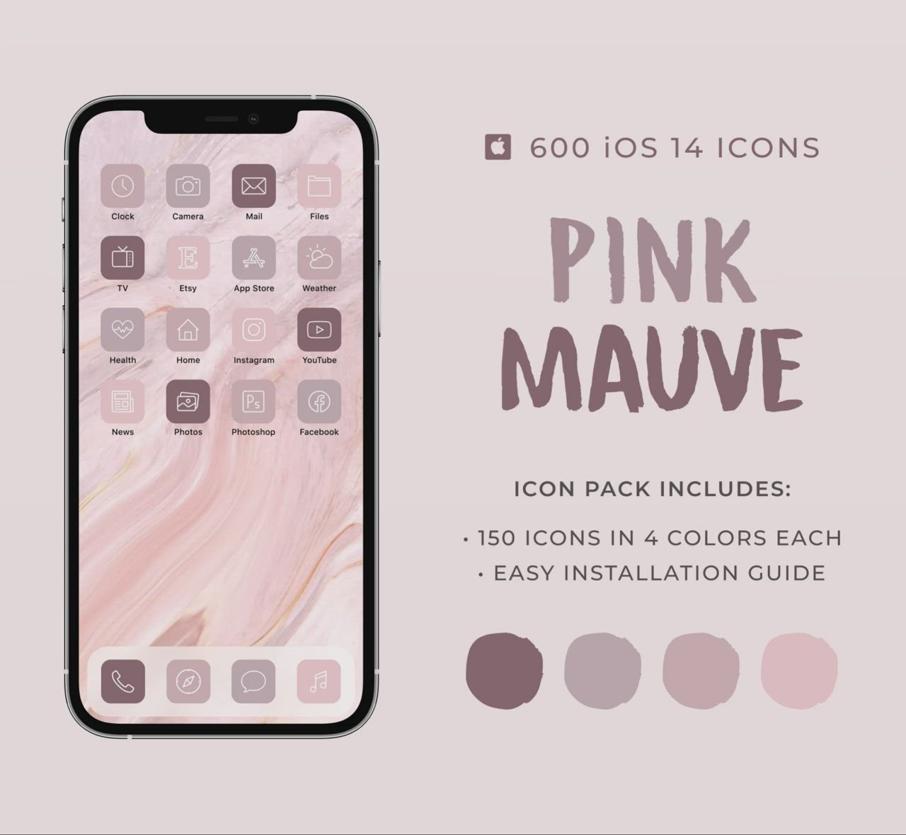 This may contain: the pink mauve app icon is displayed on an iphone screen with icons in 4 colors each easy installation guide