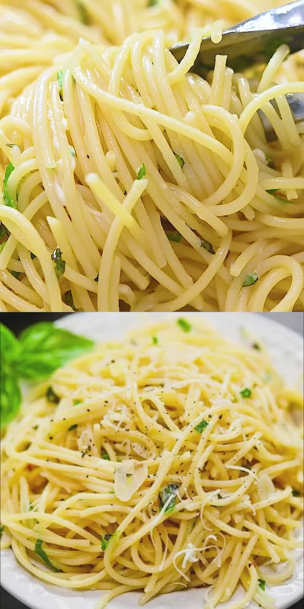 This may contain: spaghetti with garlic and olive oil is shown in two different pictures, one has a spatula