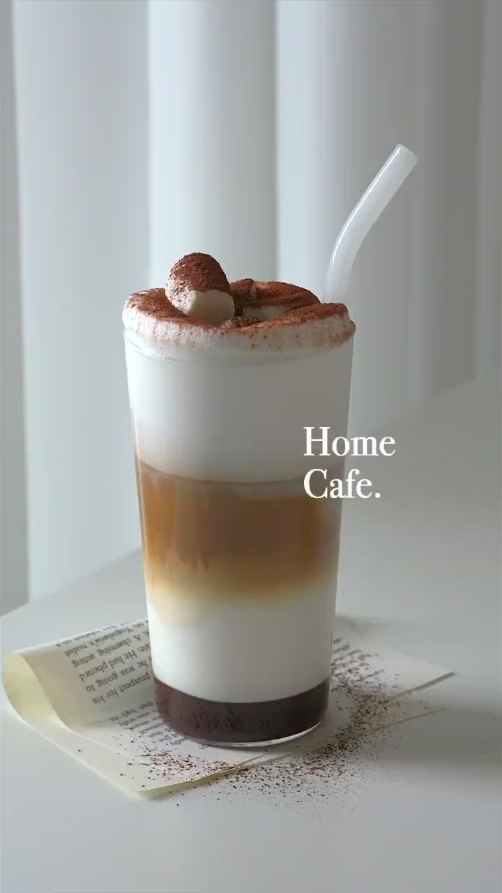 This may contain: there is a coffee drink on the table with a spoon in it and an ad for home cafe