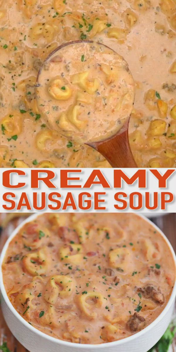 This may contain: creamy sausage soup in a white bowl with a wooden spoon on the side and an image of macaroni and cheese