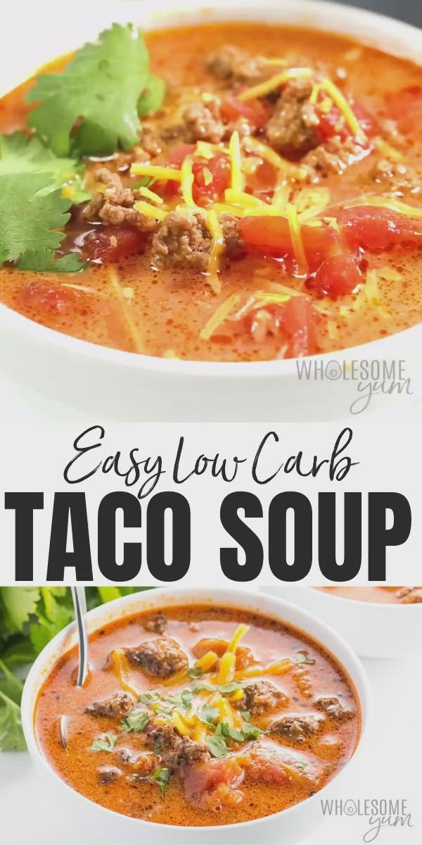 This may contain: easy low carb taco soup in a white bowl