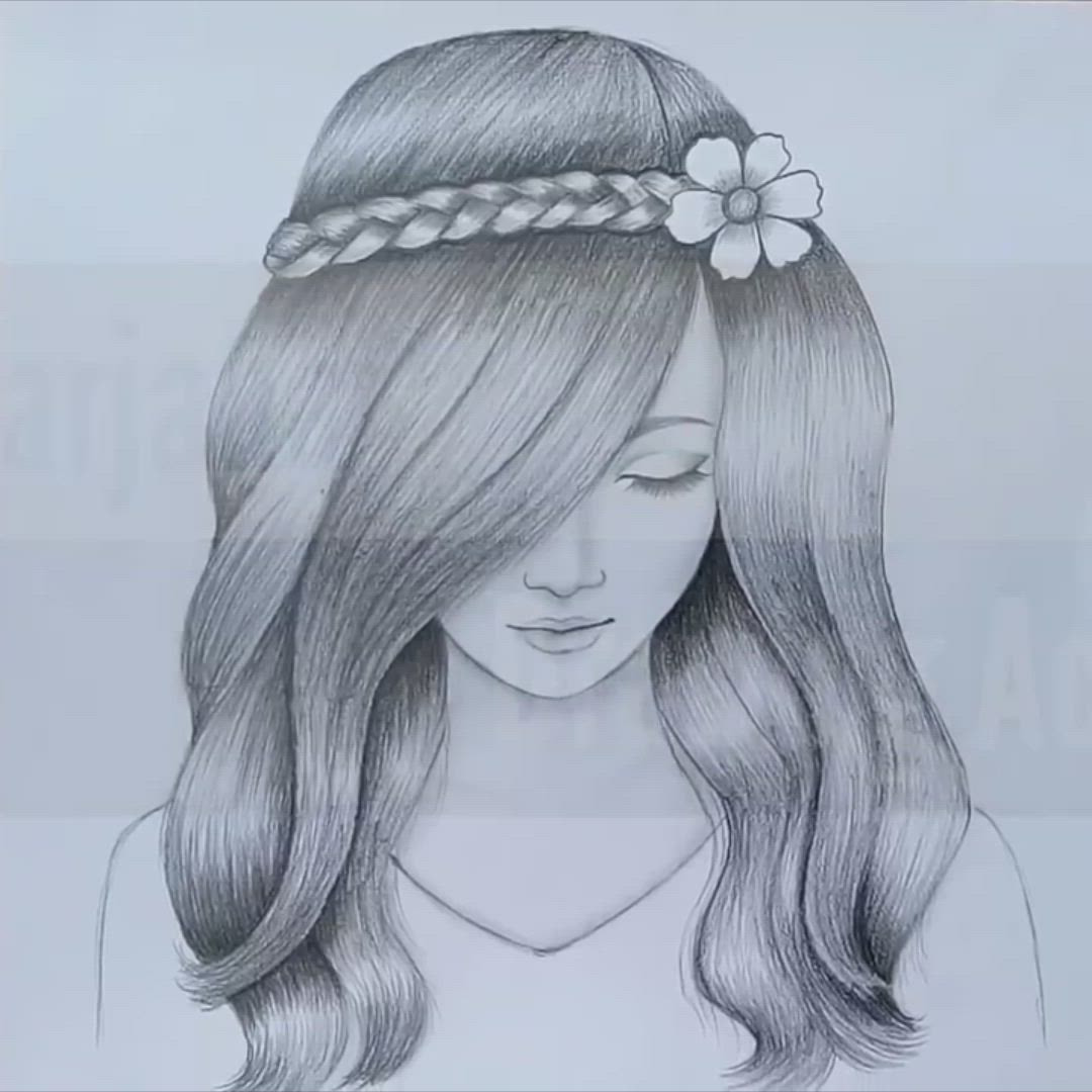 This may contain: a drawing of a woman's face with long hair and flowers in her hair