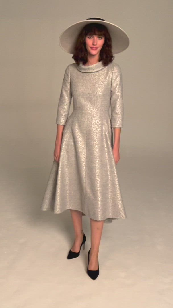 This contains an image of: BLYTHE MIDI DRESS METALLIC TWEED WINTER SKY