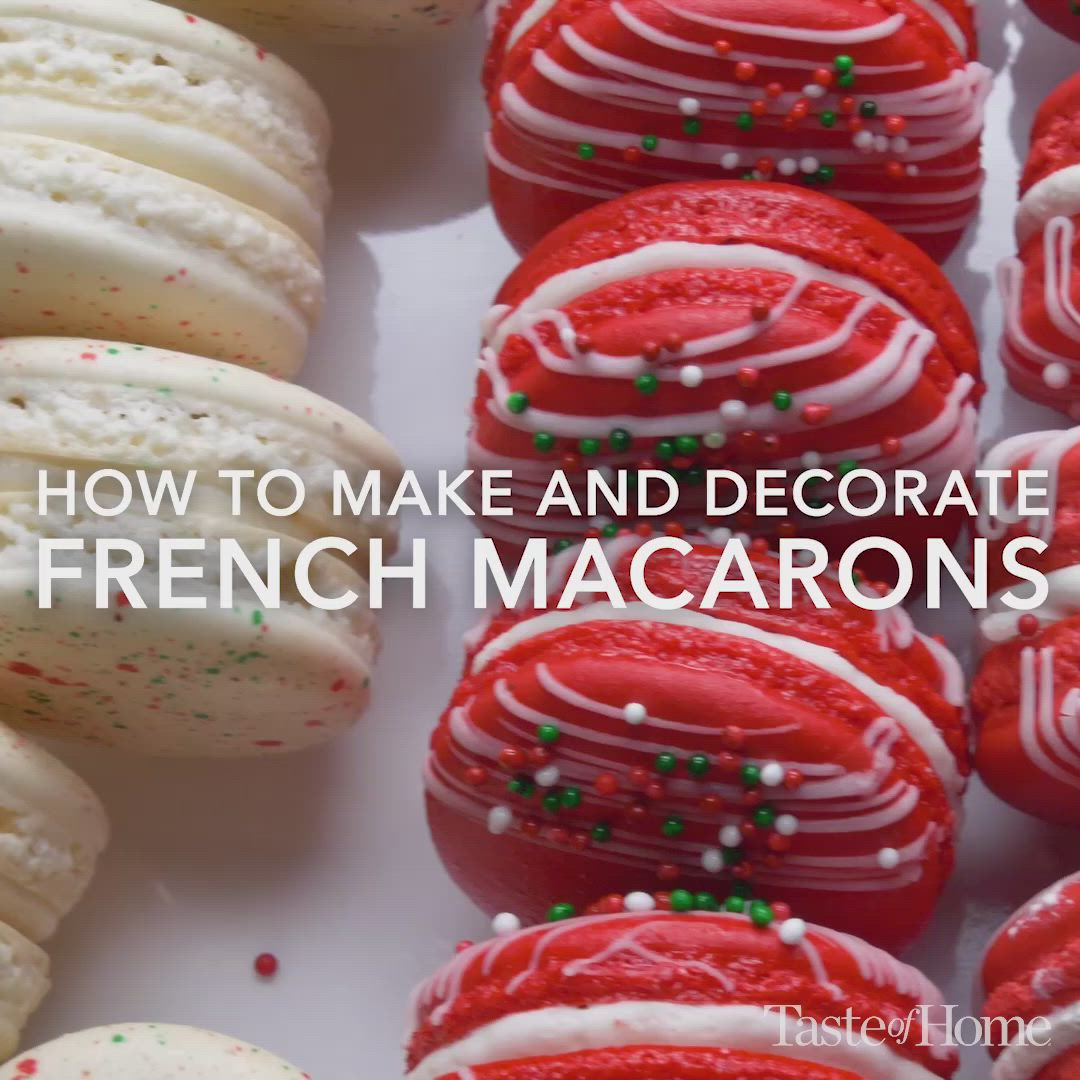 This may contain: french macarons with red and white frosting on them