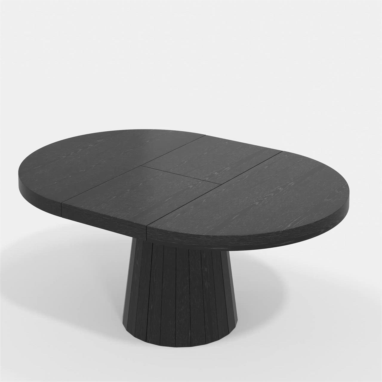 This may contain: an oval table with black marble top and pedestal base, viewed from the front view