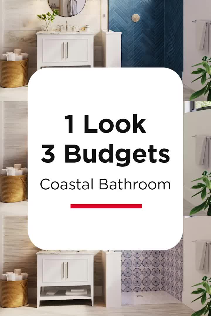 This may contain: the bathroom is decorated in white and blue with text that reads, look 3 budget coastal bathroom