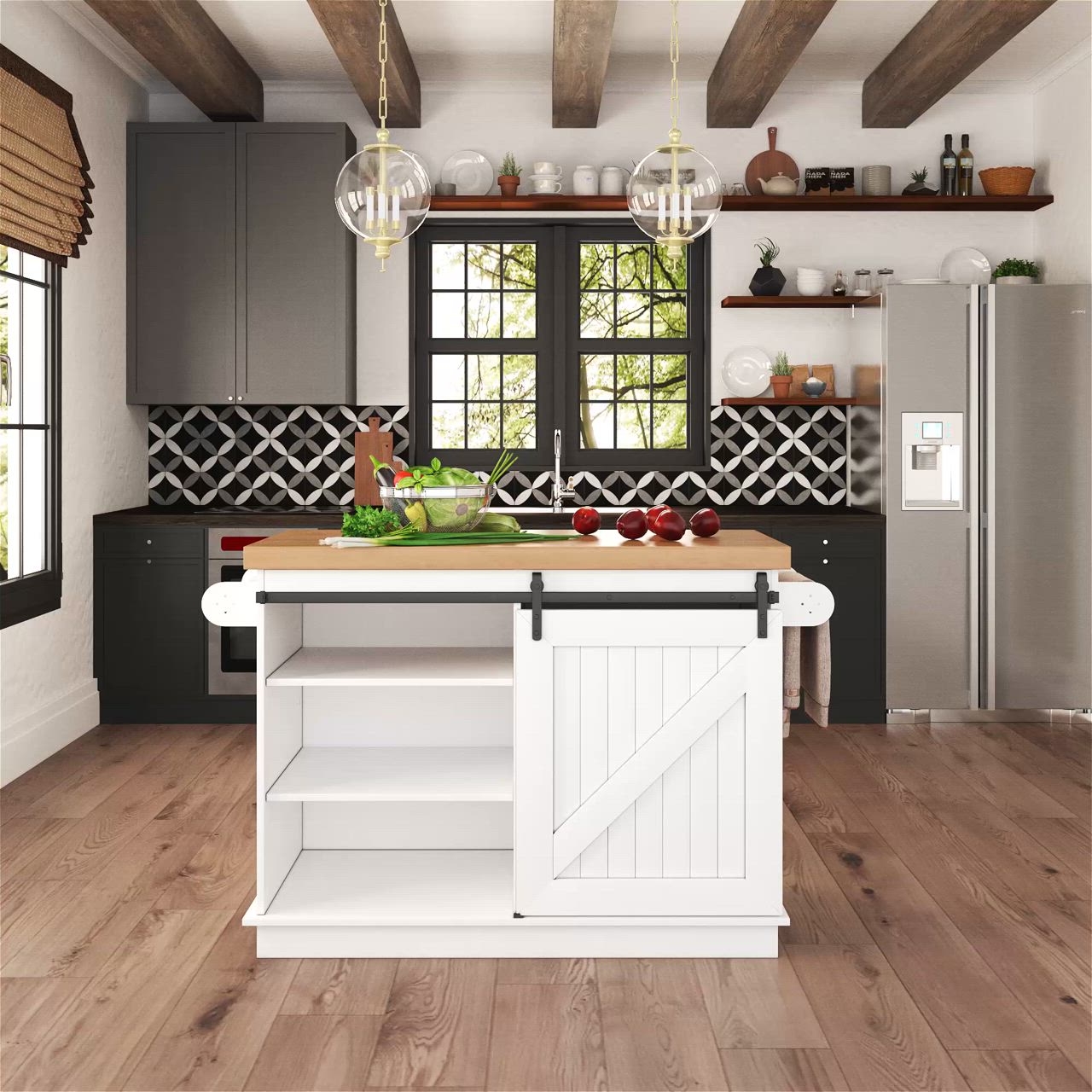 This may contain: a kitchen with wooden floors and white cabinets, an island countertop and open shelves