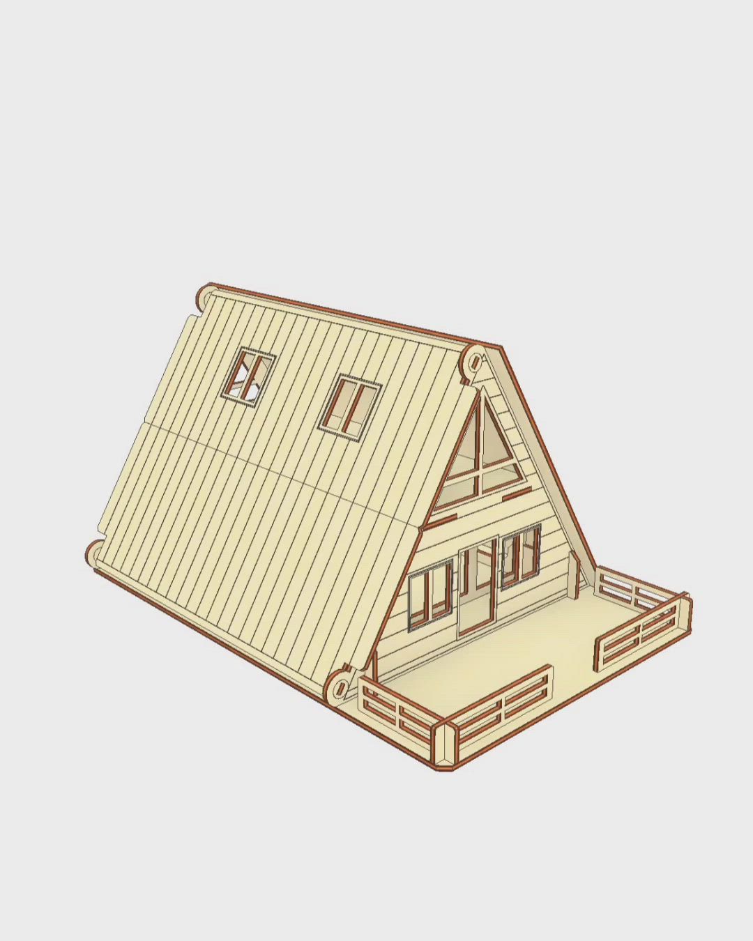 This may contain: a small wooden house with a porch and windows on the roof, in front of a white background