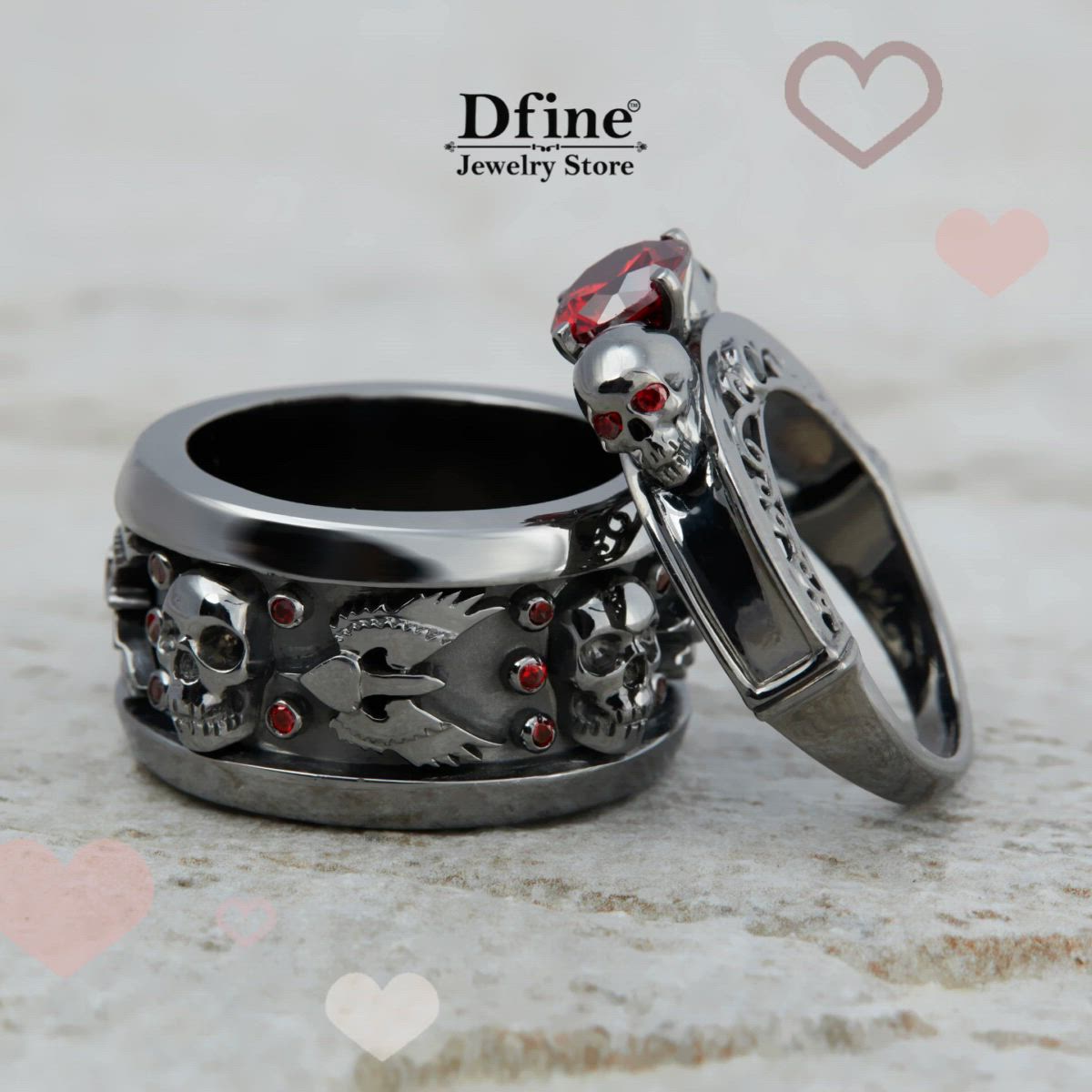 This contains: Till Death His and Her Matching Couple Wedding Set, Made Of Solid 925 Sterling Silver With Gun Metal Rhodium Plating, Vampire Skull Ring For Women, Dagger Heart Dark Angel Wings Skull Band For Men