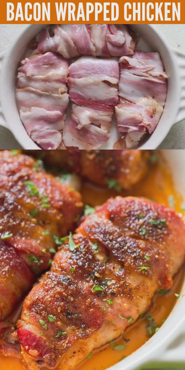 This may contain: bacon wrapped chicken recipe in a white bowl