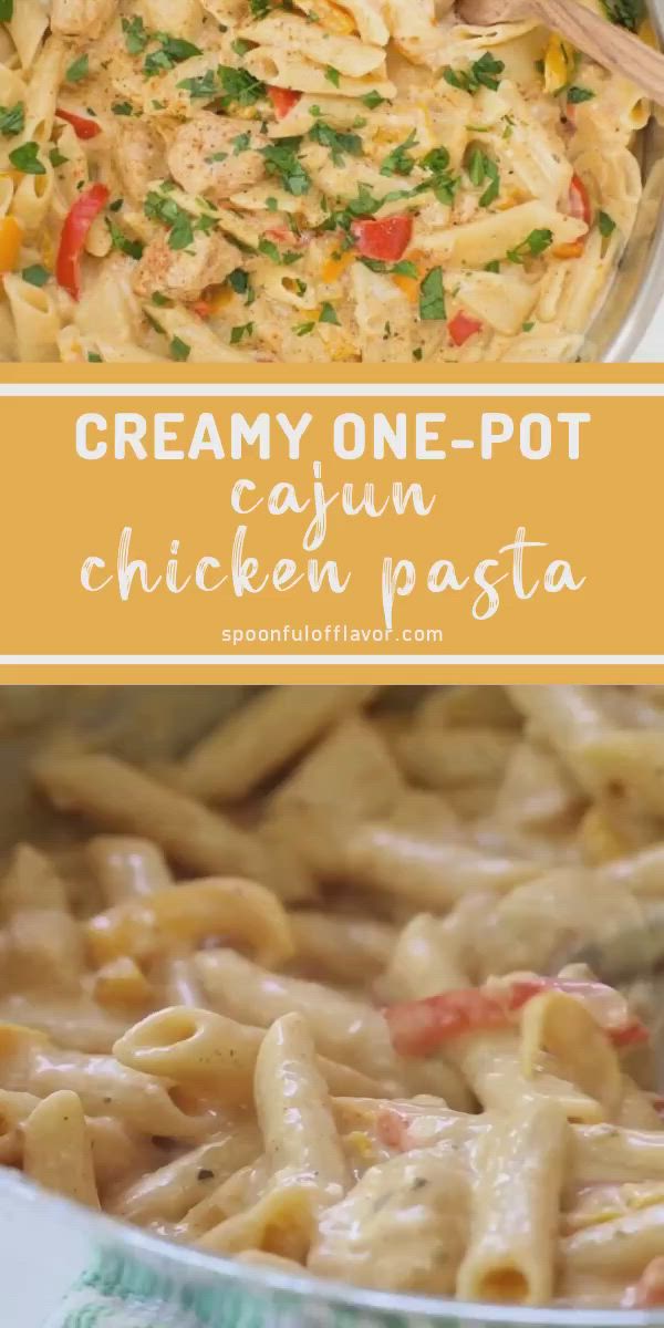 This may contain: creamy one - pot cajun chicken pasta is an easy and delicious dinner that's ready in under 30 minutes