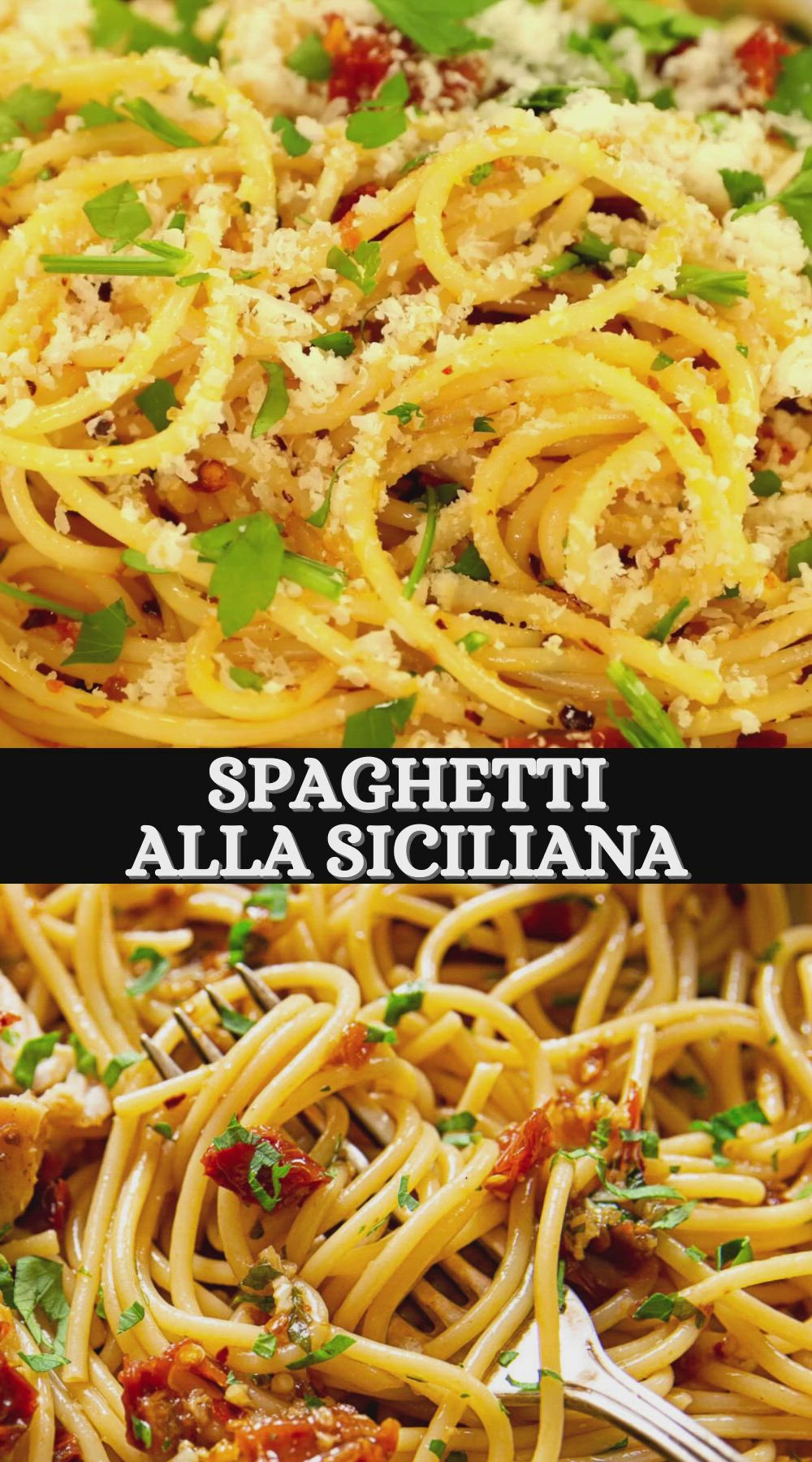 This may contain: spaghetti alla siciliana with parmesan cheese and herbs