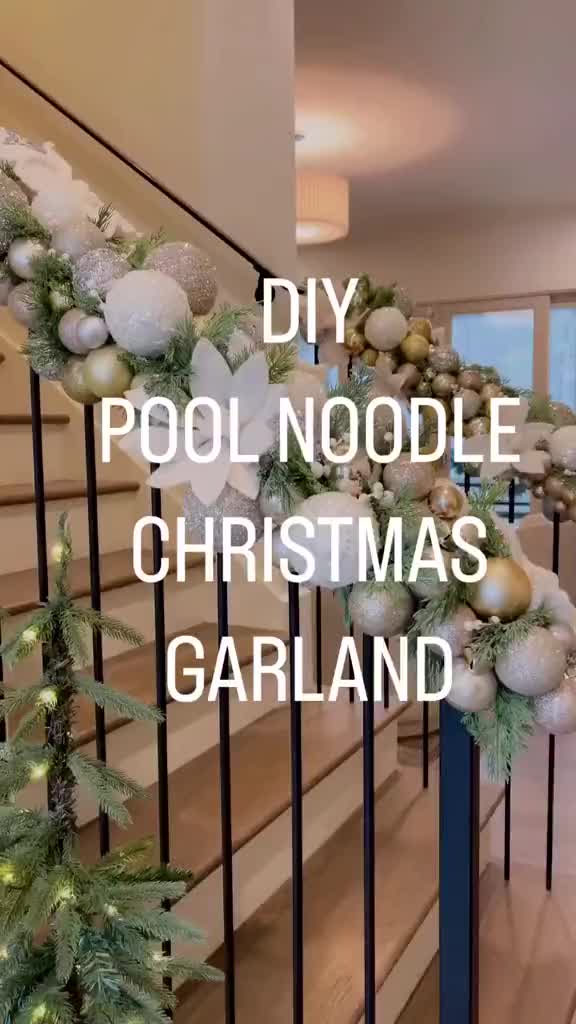 This may contain: christmas garland on the banisters with words diy pool noodle christmas garland