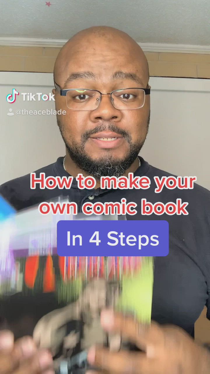 This may contain: a man holding several comic books with the title how to make your own comic book in 4 steps