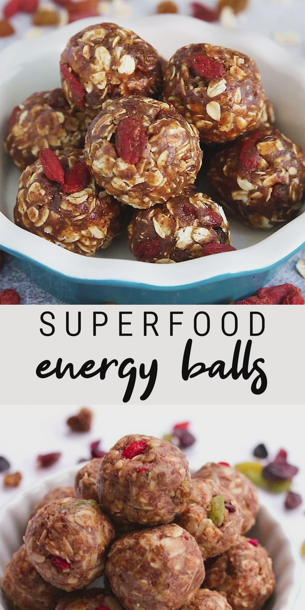 This may contain: energy balls are stacked on top of each other with nuts and dried berries in the background